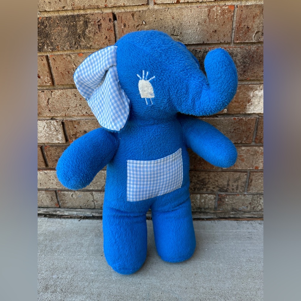Vintage Bright Blue Elephant Plush with Gingham Ears and Belly Pocket 21”